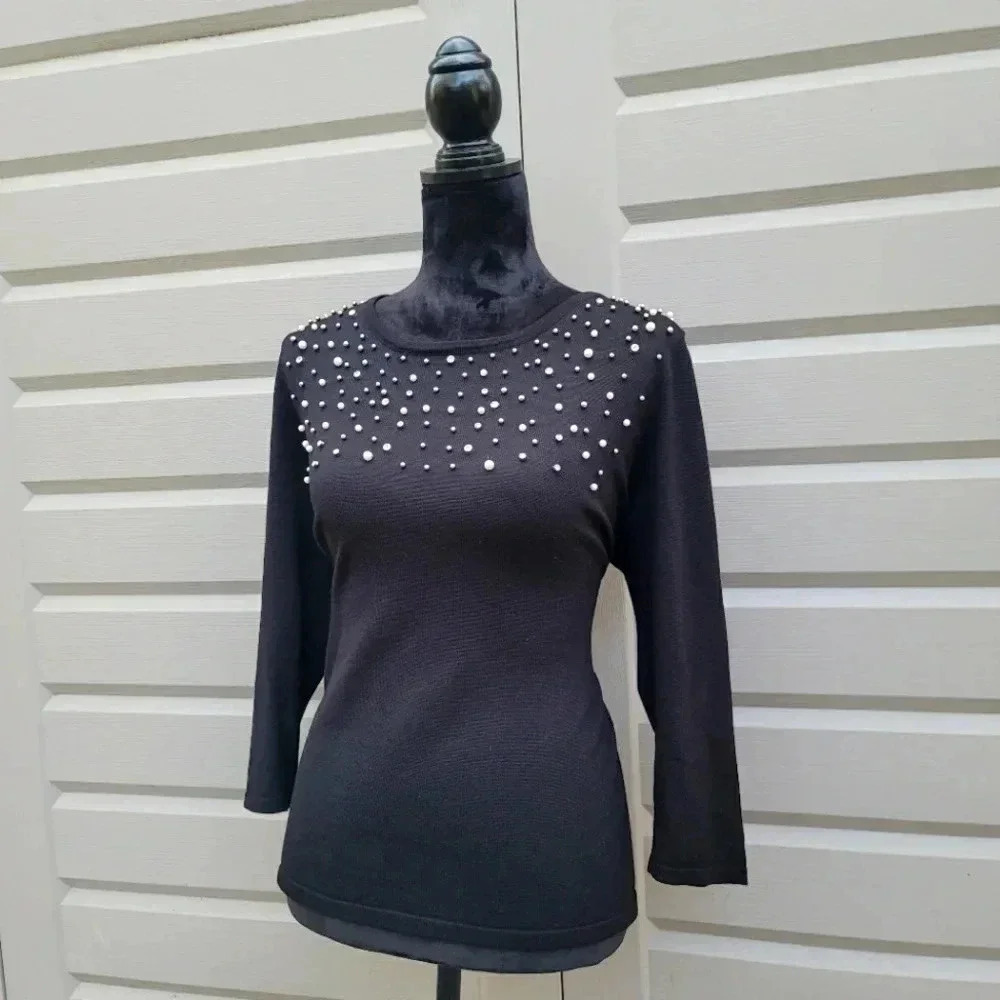 Liz Claiborne Women's Long Sleeve Black Pullover Sweater Beaded Jeweled Large L
